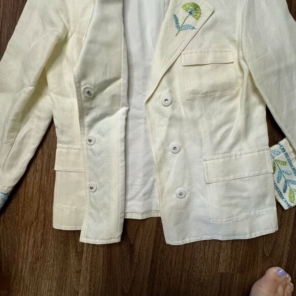 Sigrid Olsen Linen Blend Blazer Womens 6 Ivory Embroidered Floral Snap FLAW - Picture 10 of 10
